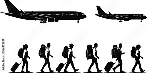 Silhouette of diverse travelers walking with backpacks and suitcases under commercial airplanes for airport travel tourism and global vacation concepts