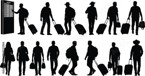Silhouette of diverse male and female travelers with suitcases and backpacks walking in airport terminal near departure board for travel concepts