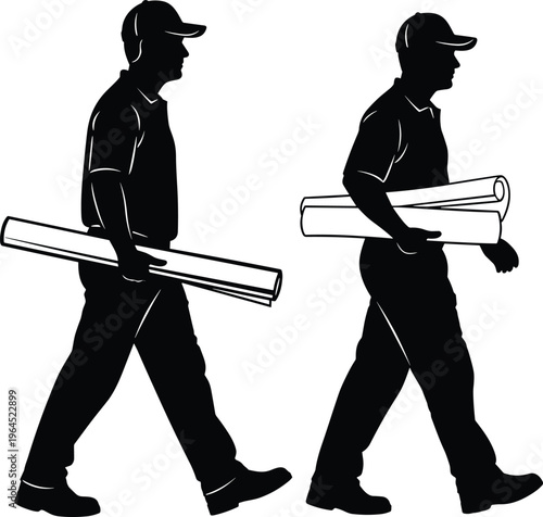 Silhouette of two professional male engineers or architects wearing caps walking while carrying large rolled up construction blueprints and building project plans