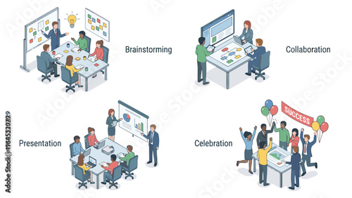 Business team engaged in brainstorming and collaboration at office desks with computers and whiteboards in a modern workplace setting with coworkers.