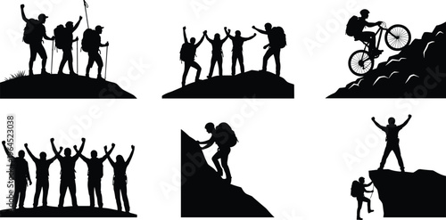 Silhouette set of people mountain climbing, hiking in groups, mountain biking uphill, and celebrating success on rocky peaks isolated on white background