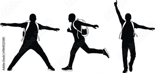 Silhouette set of young active male student with backpack running jumping and celebrating success or freedom in various energetic poses and movements