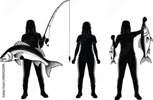 Silhouette of woman fisher holding big fish and fishing rod set isolated on white background for outdoor hobby and sport concepts