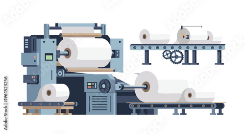 A paper production illustration shows a large machine processing a paper roll on the left and a conveyor with smaller rolls on the right, all in blue and grey.