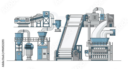 A detailed illustration displays a large industrial factory with interconnected machines, conveyor belts, and processing units in blue and grey, depicting an automated manufacturing process.