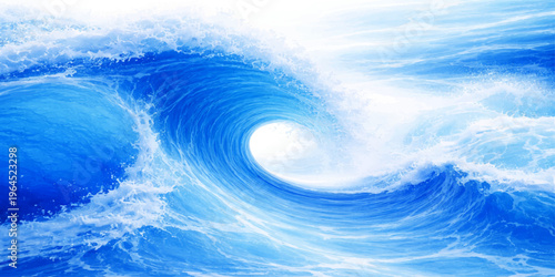 An abstract blue wave background captures the light of a summer day where the sea meets the sky among white clouds and sunlight reflecting over the ocean horizon