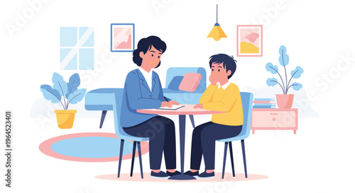 A female therapist in a blue blazer sits at a small round table with a young boy in a yellow sweater, holding a clipboard in a cozy room.