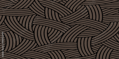 Sophisticated abstract background featuring a dense interlocking woven pattern of curved brown lines over a black field.