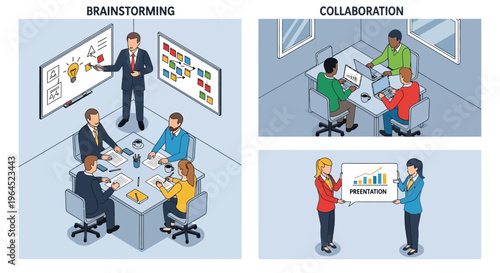 Colleagues engaged in brainstorming and collaboration at office meeting with charts