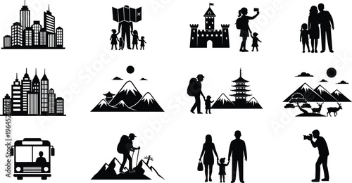 Travel and tourism silhouette set featuring family vacation mountain hiking city sightseeing photography landmarks and outdoor adventure for summer holiday trip planning