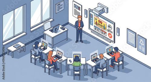 Classroom with students learning and teacher presenting on screen.