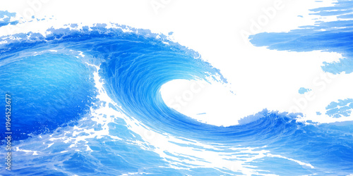 An abstract blue background featuring a nature-inspired water splash and ocean waves reflecting sunlight under a clear summer sky with soft clouds along the horizon