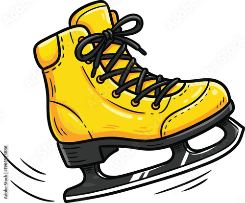 Yellow ice skate with black laces and blade moving fast on ice