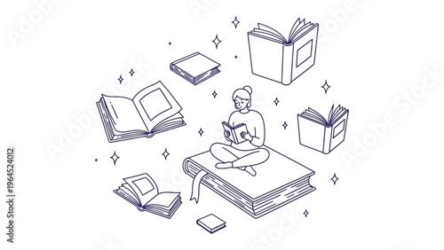 A Literary Journey: A woman immersed in the enchanting world of books, surrounded by floating volumes, each page holds the promise of a new story, a new adventure.