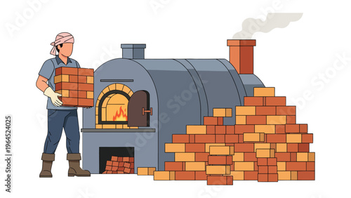 Brickmaker at Furnace: A dedicated brickmaker works diligently near a robust furnace. He carefully stacks a collection of fresh bricks. The air is filled with warmth and the promise of construction.