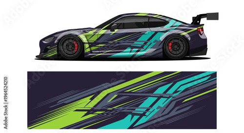 Stylized race car with bold teal and neon graphics on a sleek coupe.
