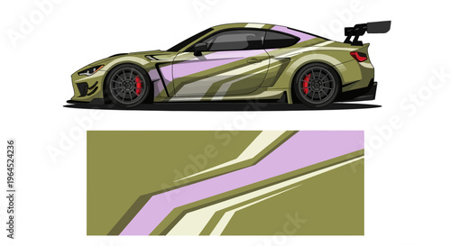 Sleek sports car with purple lime green racing livery and aerodynamic styling.