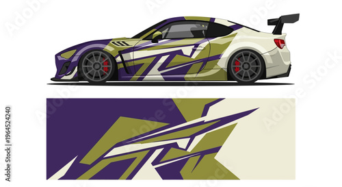 Side view of a high-performance racing car with purple and gold livery, showcasing aerodynamic design and striking graphics.