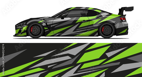 Side view illustration of a green and black abstract racecar with angular geometric pattern and dynamic performance vibe.
