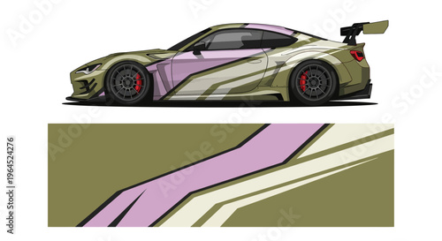 Vibrant sports car illustration featuring bold color blocks and sleek curves.