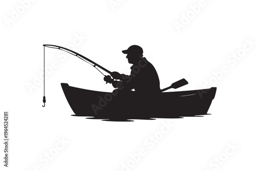 Fisherman silhouette sitting in a boat fishing on calm water for outdoor recreation.