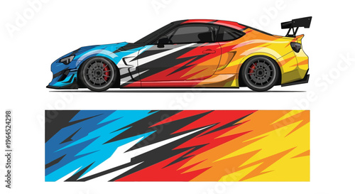 Colorful racing car with dynamic flame livery and aerodynamic design.