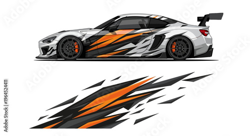 Dynamic orange and black racing car profile with bold graphic livery and wing design.