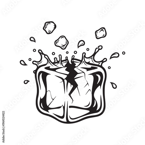 Silhouette of a cracked ice cube with splashes