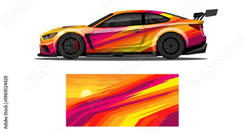 Vibrant multi colored racecar with sleek design and dynamic stripe livery in bold hues.