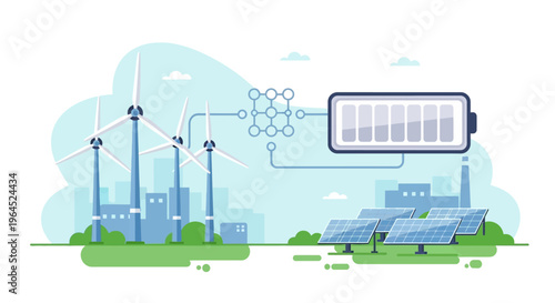 Renewable Energy Production and Storage: Wind Turbines, Solar Panels, and Battery System Connected to a Smart Grid