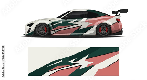 Sleek white sports car with bold multicolored wrap and graphic patterns shown from side and close-up views.