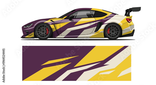 Vibrant purple and yellow racecar with bold livery, abstract graphics, and aerodynamic details on side and body.