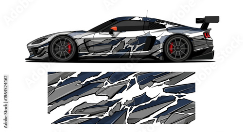 Sleek race car with blue white camouflage livery speeding on track.