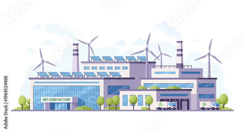 Net-Zero Factory Illustration: Sustainable Manufacturing Building with Solar Panels, Wind Turbines, and Eco-Friendly Logistics