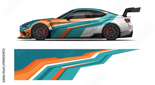 Colorful teal and orange racecar with bold graphic livery and racing stripes.