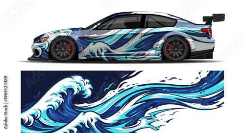 Blue Wave Graphic Race Car with Ocean Inspired Livery and Dynamic Side Profile.