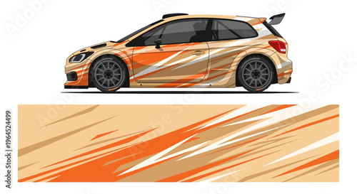 Orange racing car with dynamic brush stroke graphics on banner.