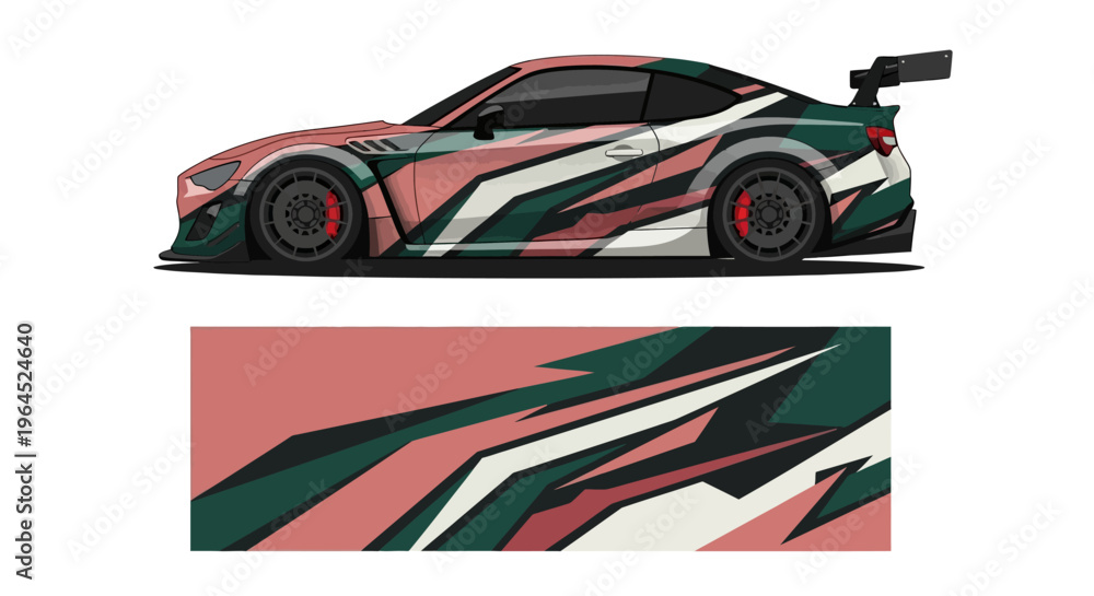 Obraz premium Sleek race car with bold multi color livery and abstract stripe design.