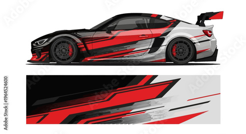 Dynamic red and black sports car side profile illustration with abstract graphics.