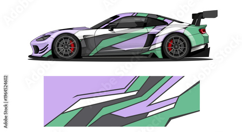 Side view of a colorful futuristic sports car with bold geometric livery.
