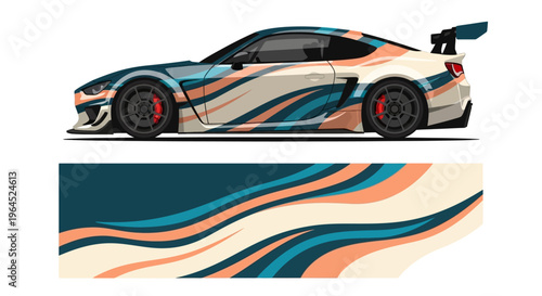 Vibrant race car with blue, orange, and teal livery showcasing dynamic curves and aerodynamic design on a race track.
