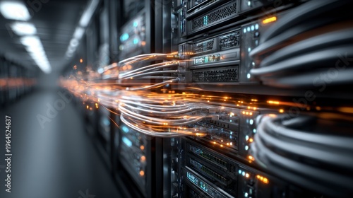Server racks glow with data streams flowing through the aisle. Fiber cables pulse with light, connecting powerful machines. Deep shadows frame rows of silent, humming hardware
