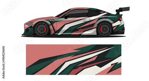 Sleek race car with bold multi color livery and abstract stripe design.
