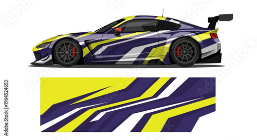 Sleek race car with bold purple white yellow livery speeding on track.