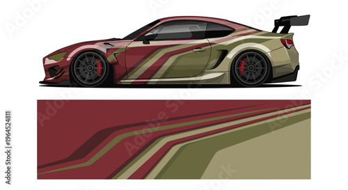 Sleek racing car with bold striped livery and aerodynamic spoiler on track.