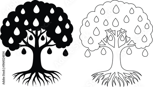 Two stylized tree illustrations with raindrops falling around them