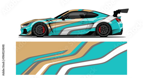 Vibrant turquoise sports car illustration with abstract flowing background and dynamic motion.