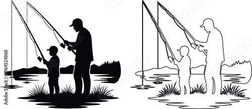 Father teaching young boy how to fish by the water