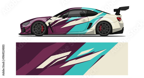 Colorful race car with bold geometric livery and aerodynamic profile across cyan, purple and white palette.