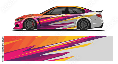 Vibrant wrapped race car with bold graphics and sleek aerodynamic lines across the body.